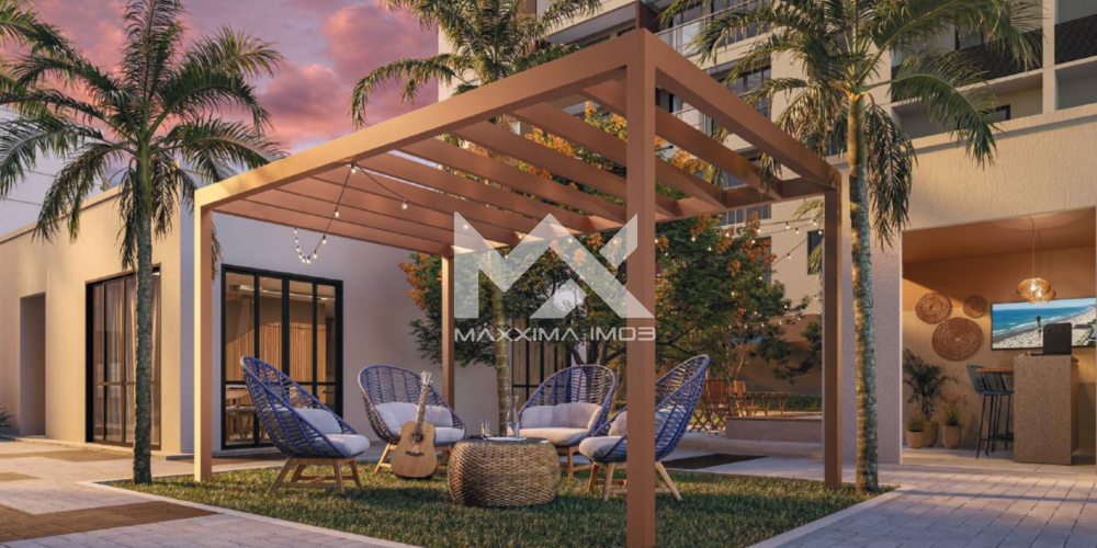 Área de convivência externa pergolado mobiliário Seano Beach apartamento Praia do Futuro Fortaleza